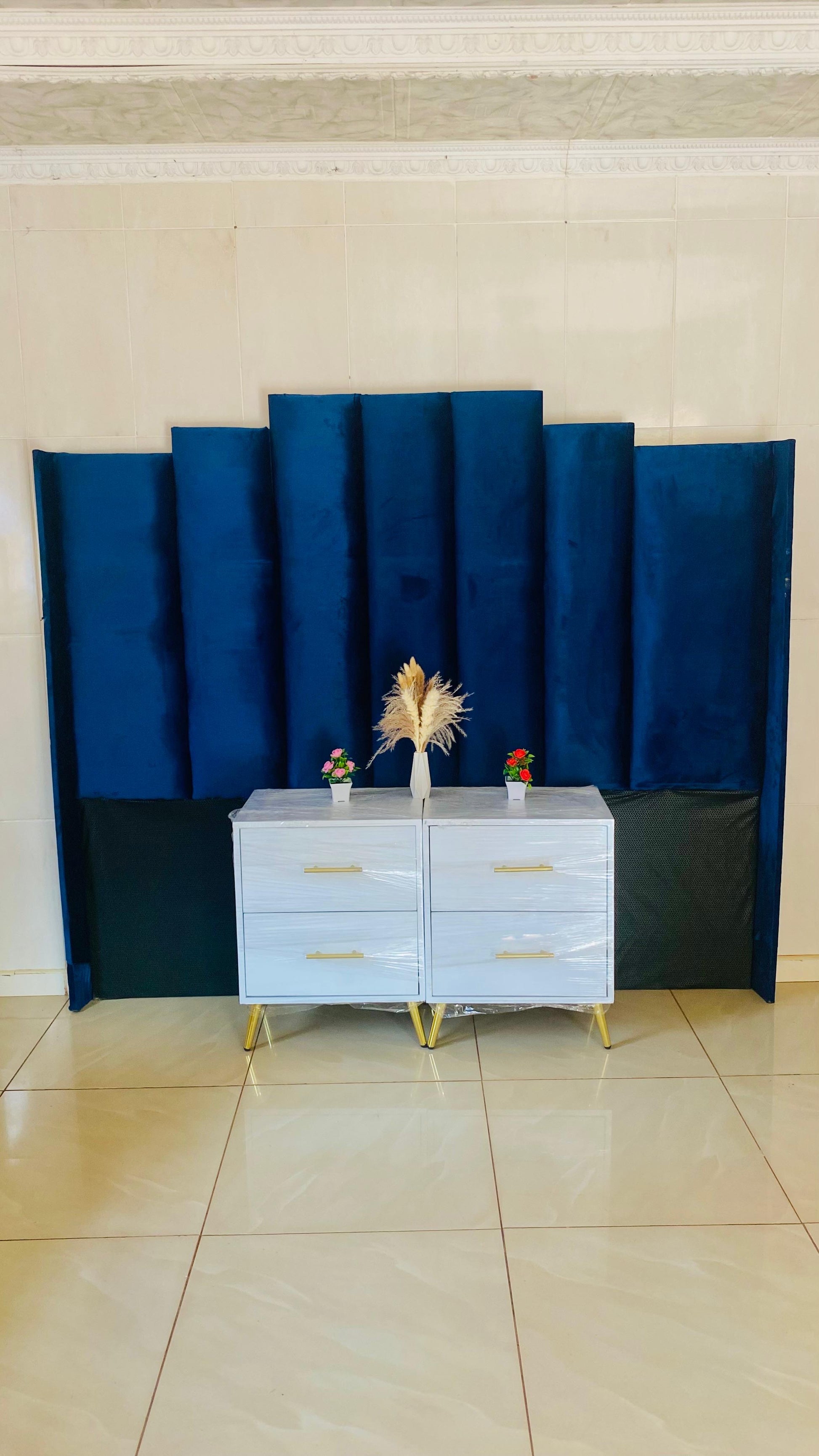 Winged Panel Design Headboard & Pedestals