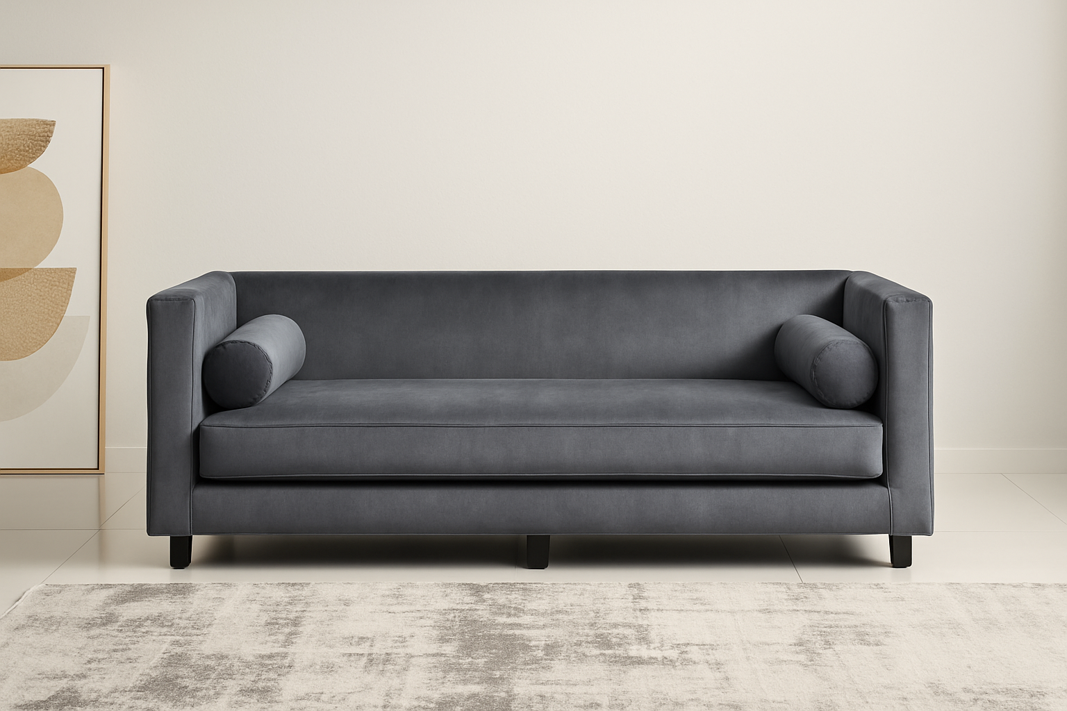 Charcoal grey sofa with center leg and very short legs