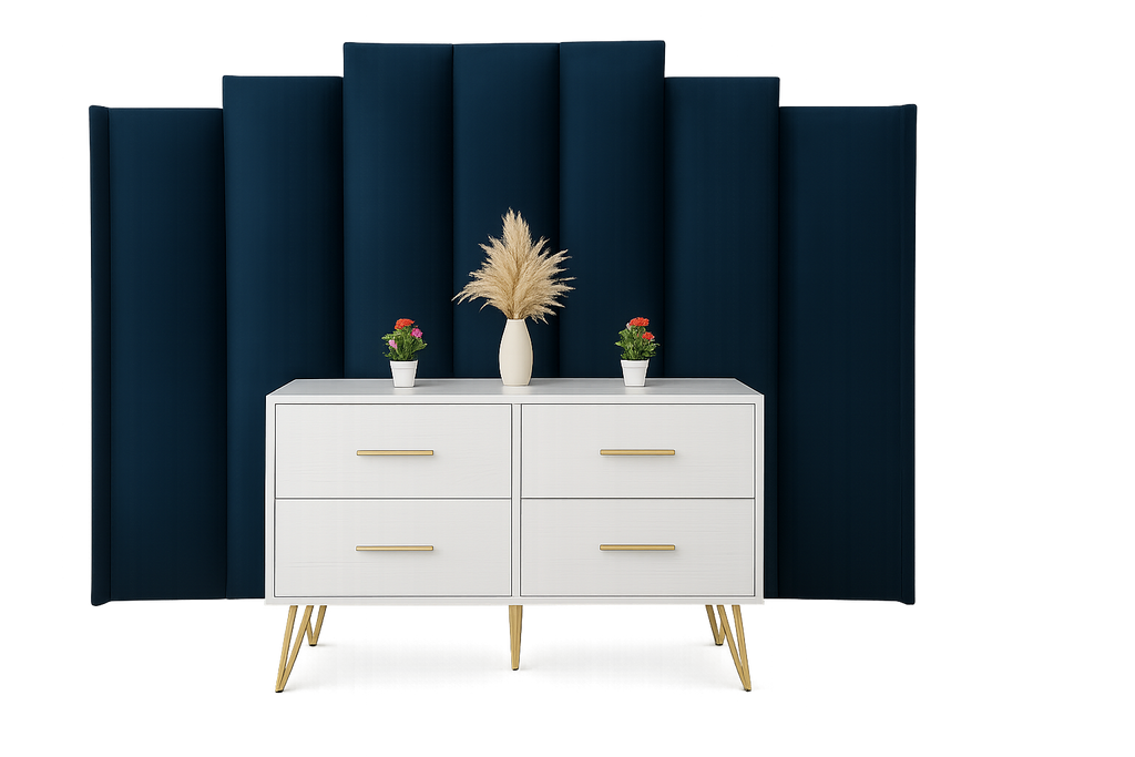 Complete furniture bundle with white sideboard, navy room divider, and decor accessories