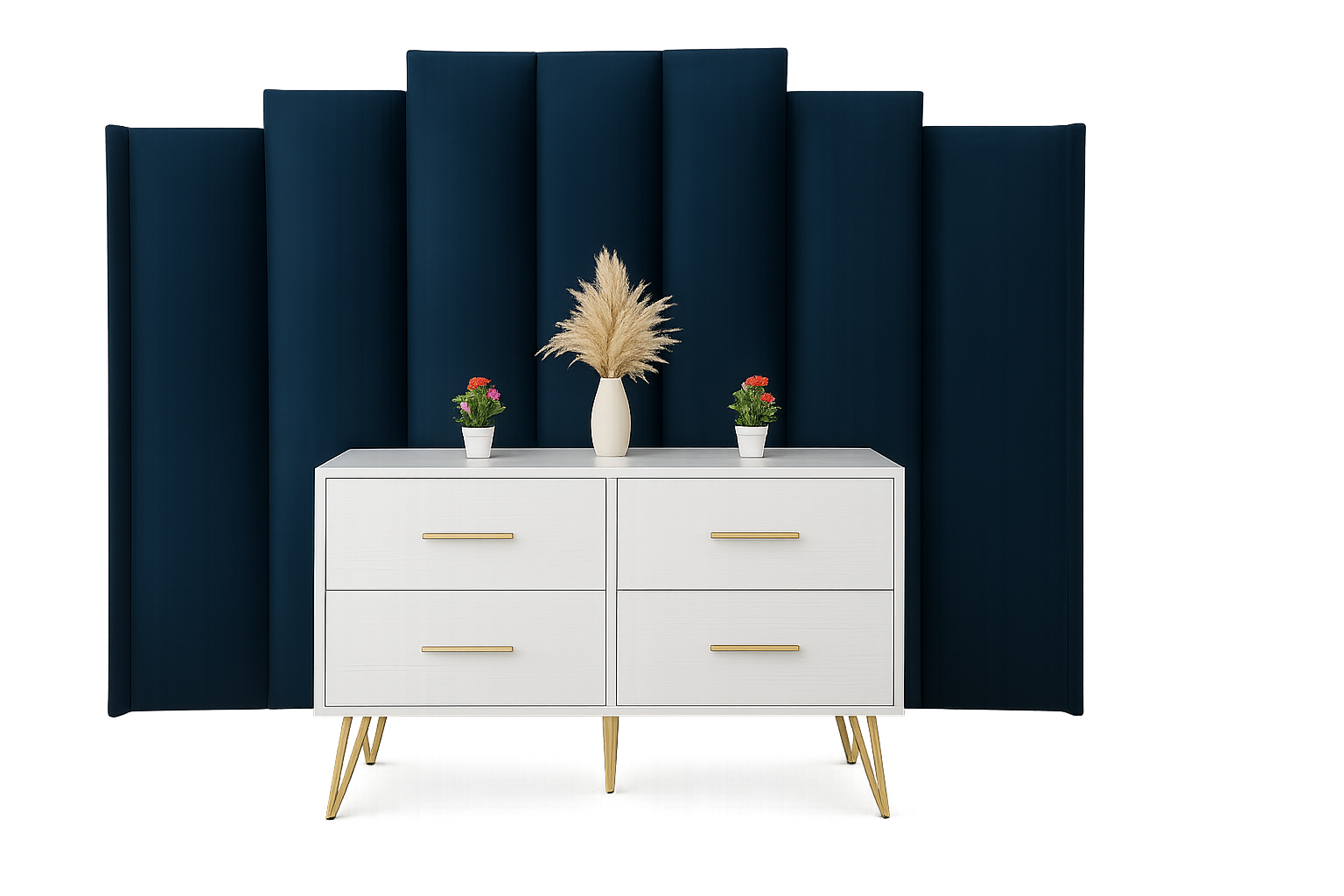 Complete furniture bundle with white sideboard, navy room divider, and decor accessories