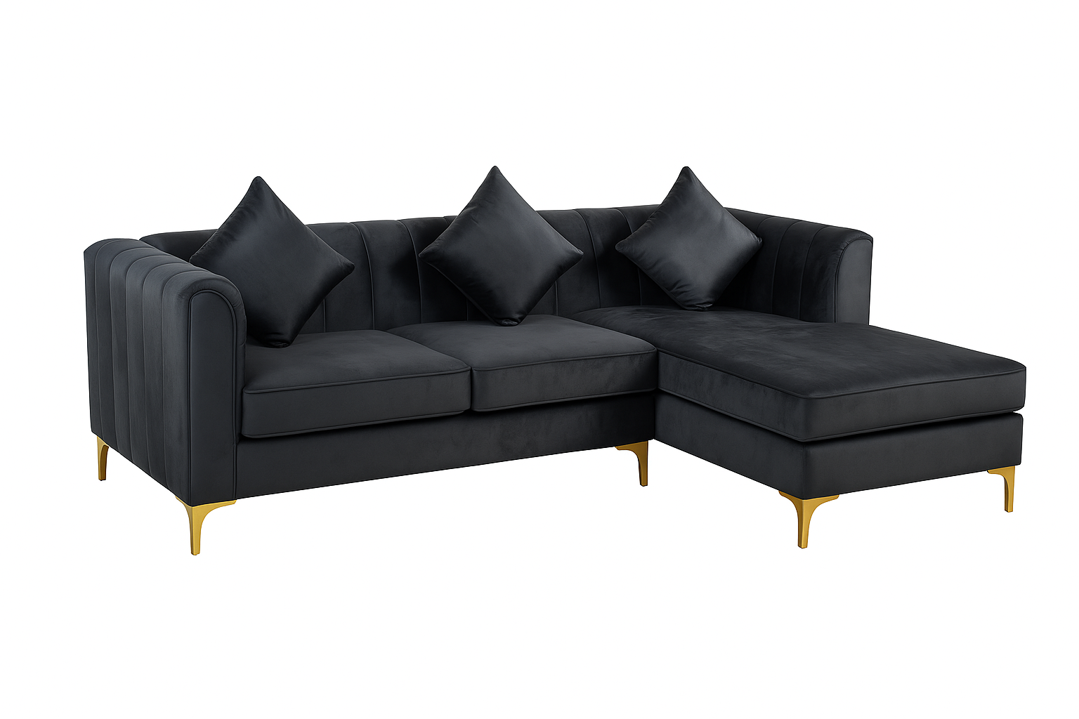 Dark grey sectional sofa with gold legs, background removed