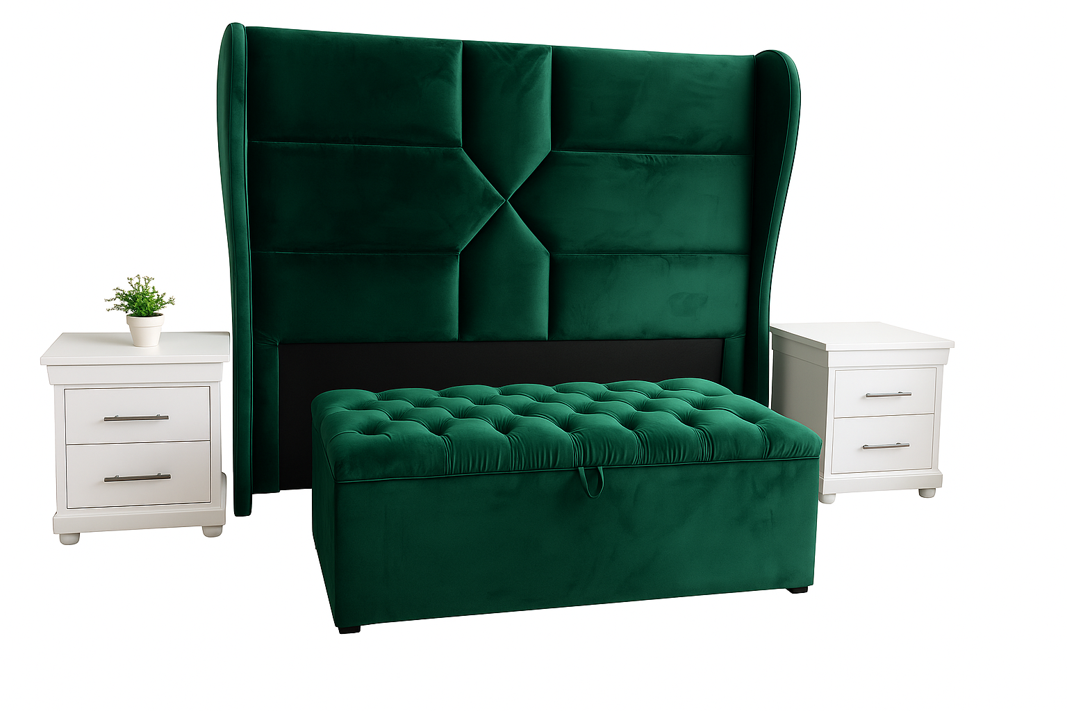 Green velvet chair set with white furniture pieces, background removed