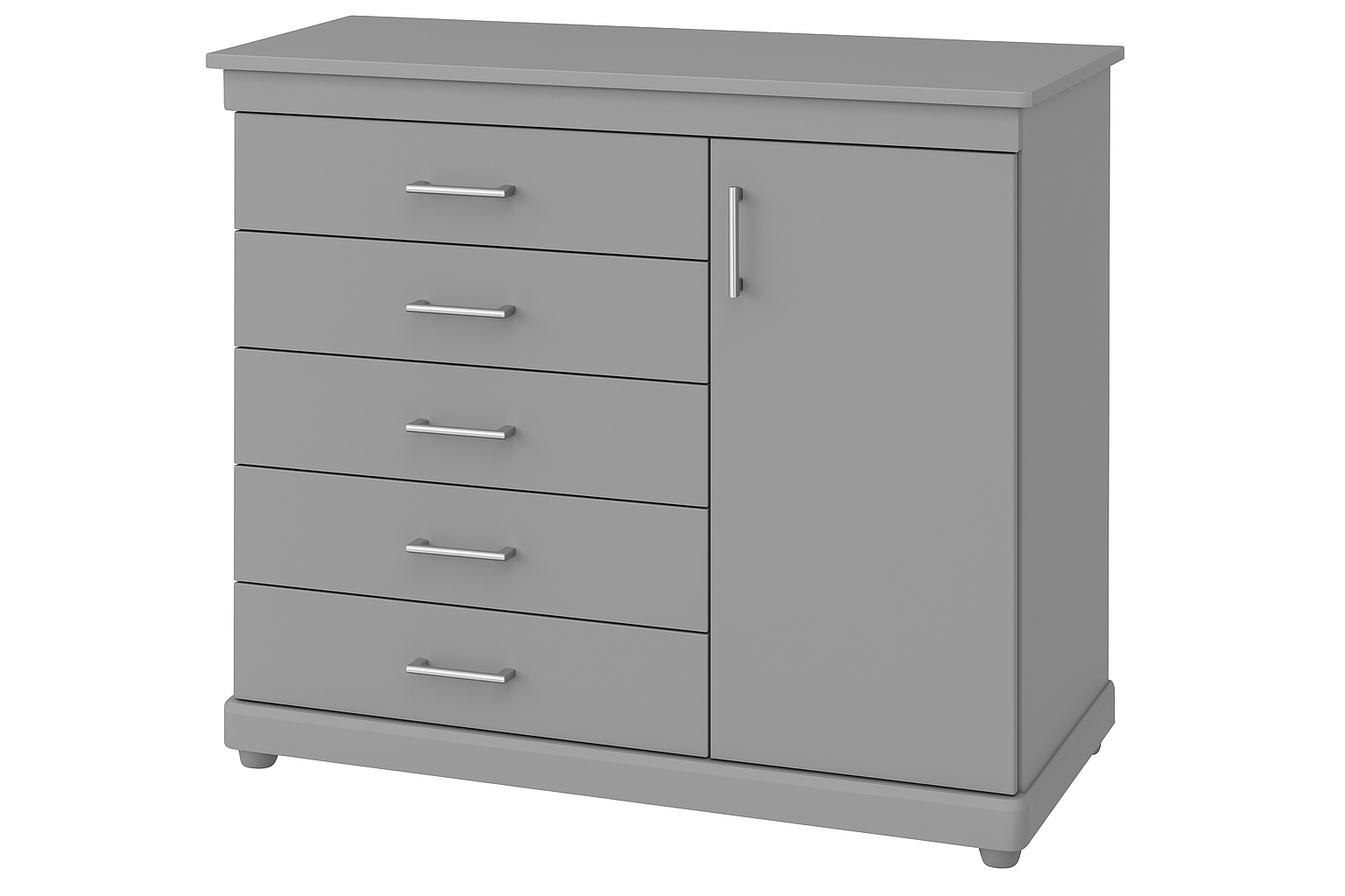 Grey dresser with five drawers and cabinet, background removed