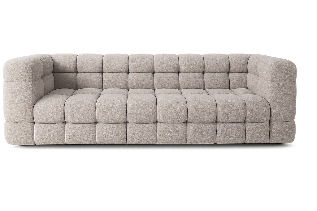 Grey quilted tufted sofa, background removed