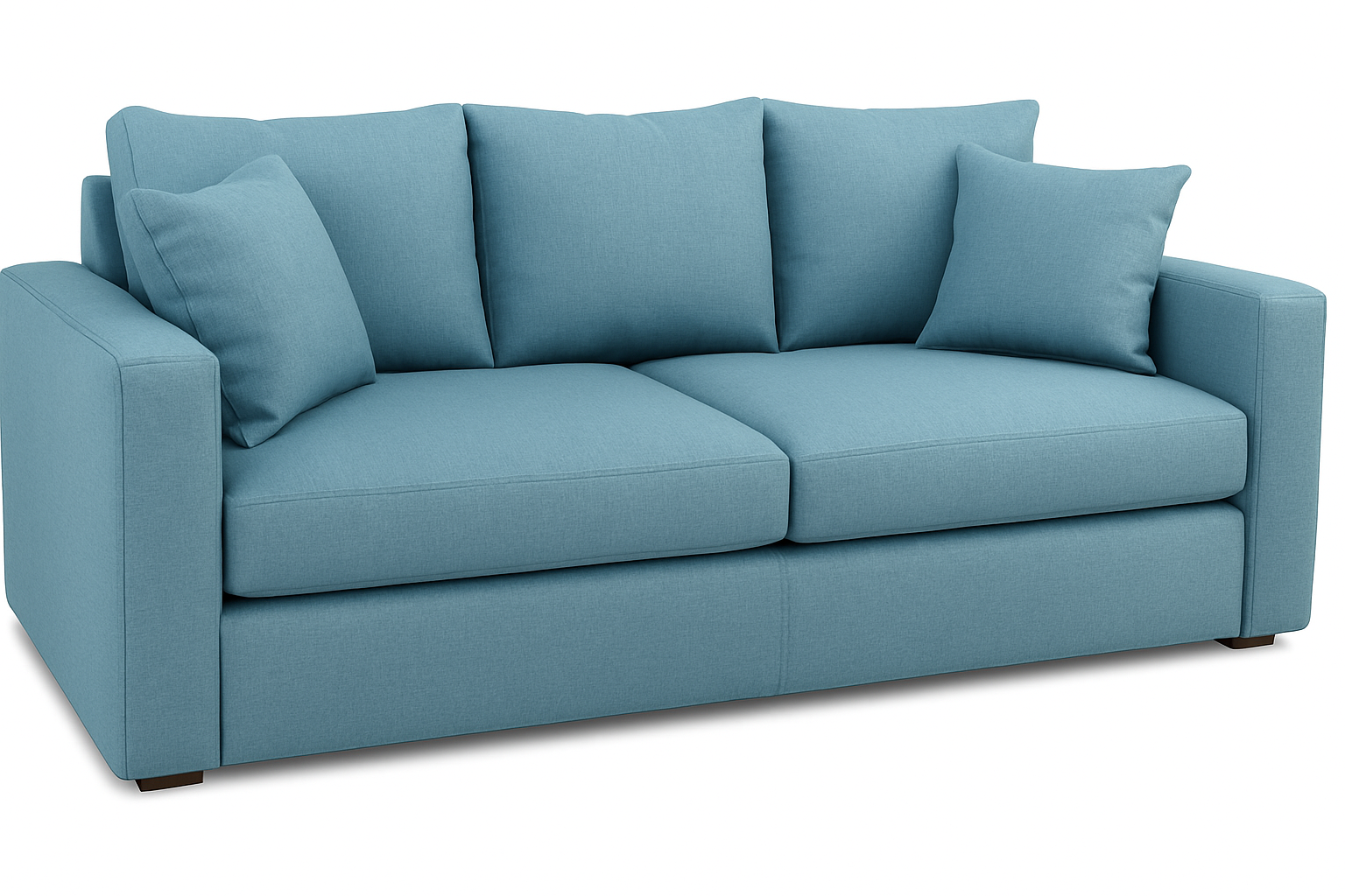 Light blue fabric sofa with cushions, background removed