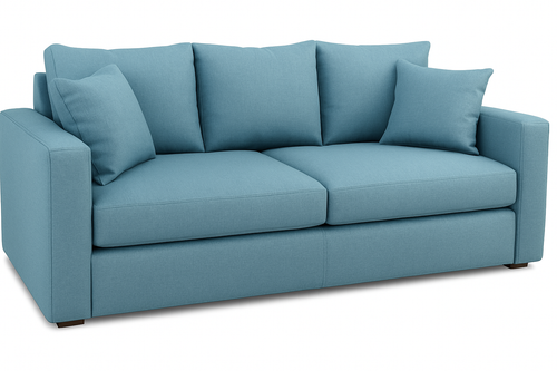 Light blue fabric sofa with cushions, background removed