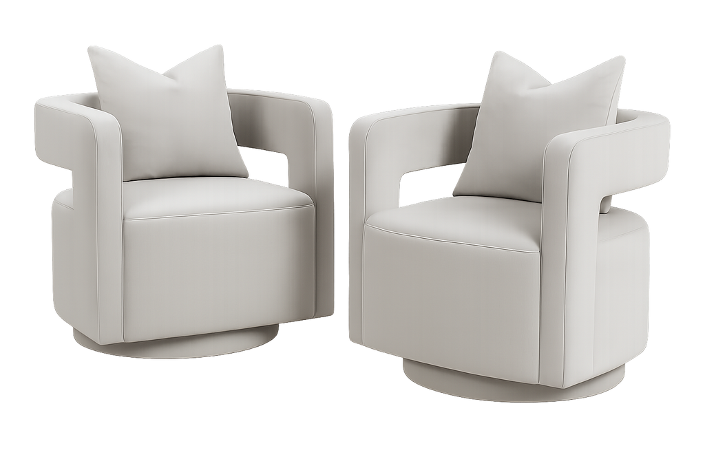 Pair of light grey modern swivel chairs, background removed