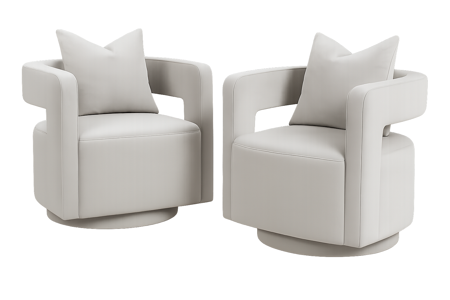 Pair of light grey modern swivel chairs, background removed