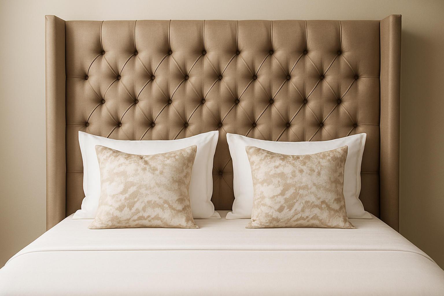 Professional beige tufted headboard with bed