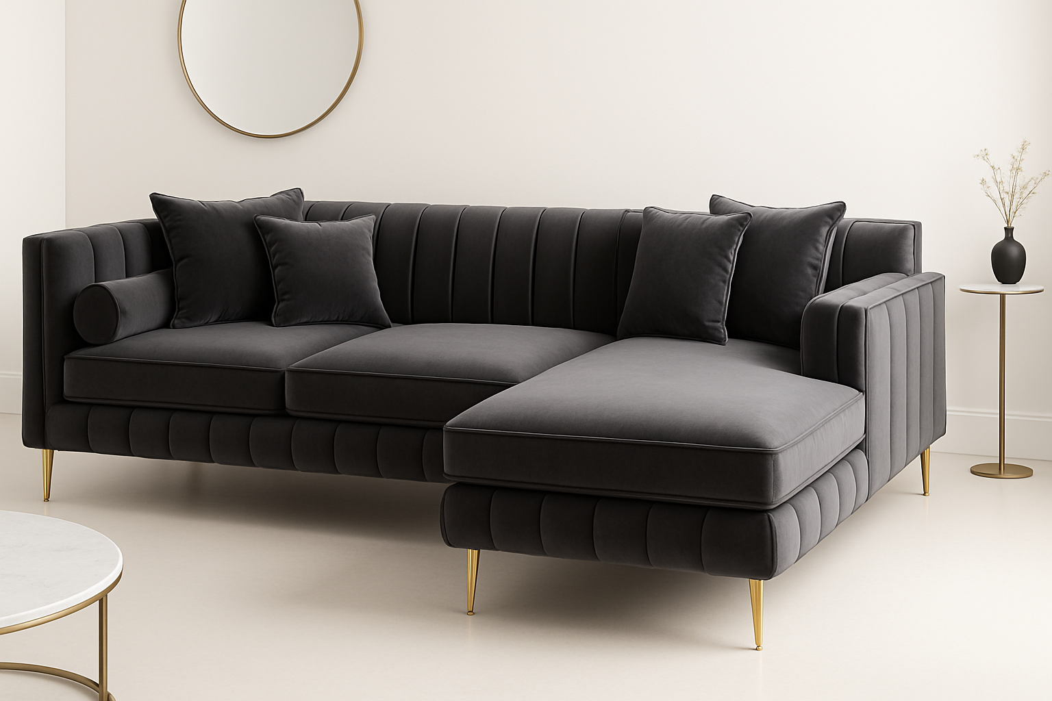 Professional charcoal grey channel tufted sectional with gold legs