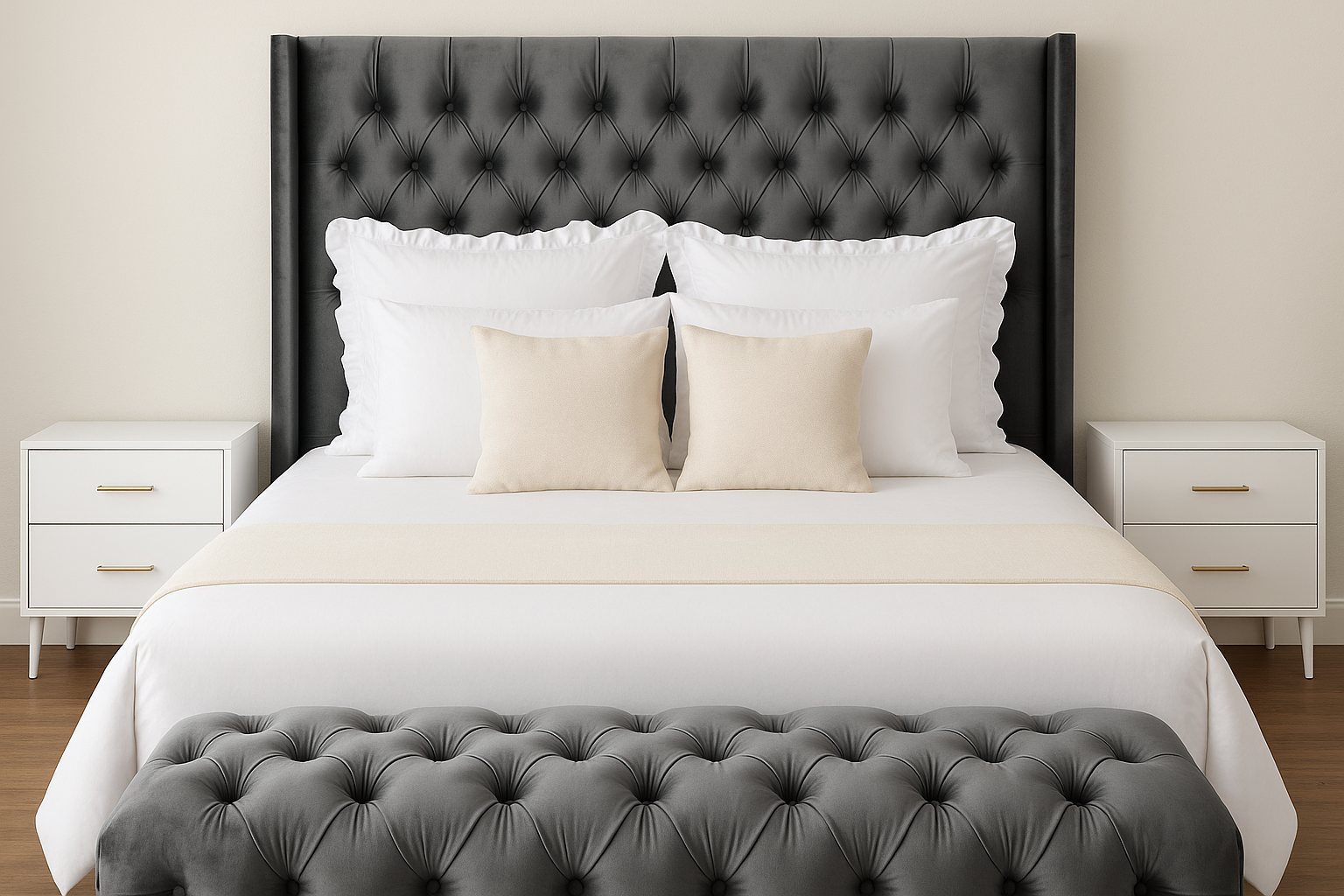 Professional grey tufted bed with matching bench - clean version