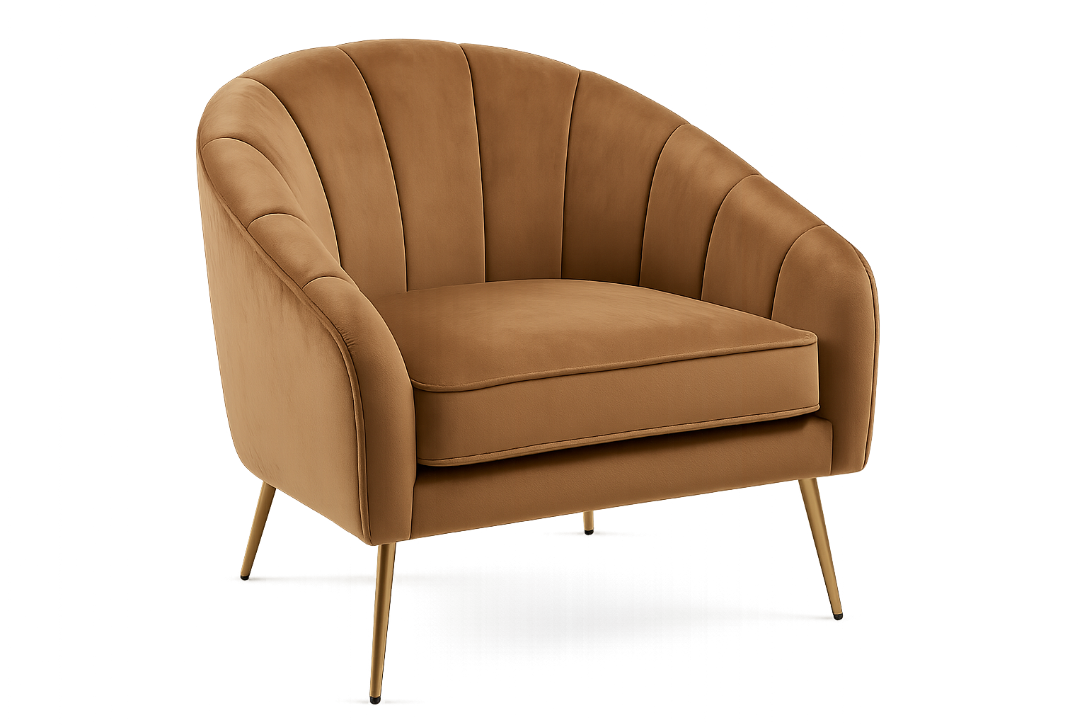 Single tan velvet accent chair with gold legs, background removed