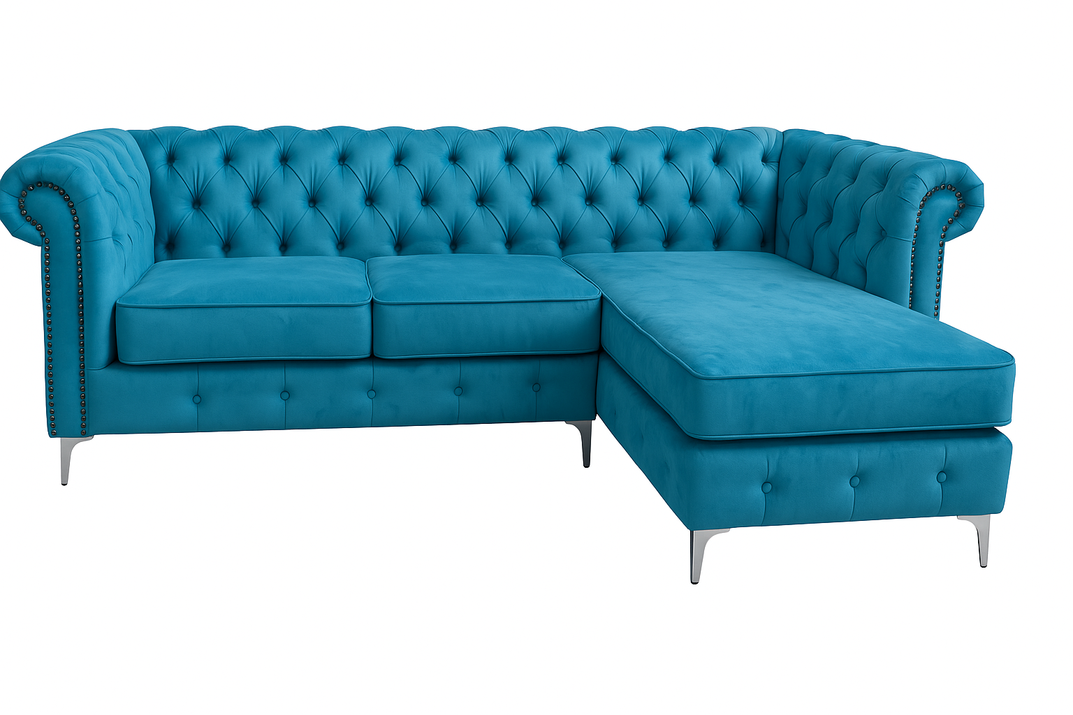Turquoise blue Chesterfield sectional sofa, background removed
