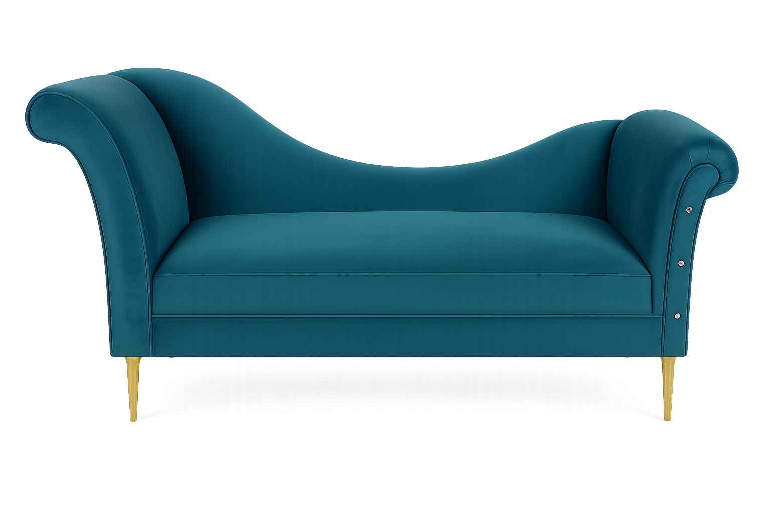 Turquoise blue velvet chaise lounge with gold legs, background removed