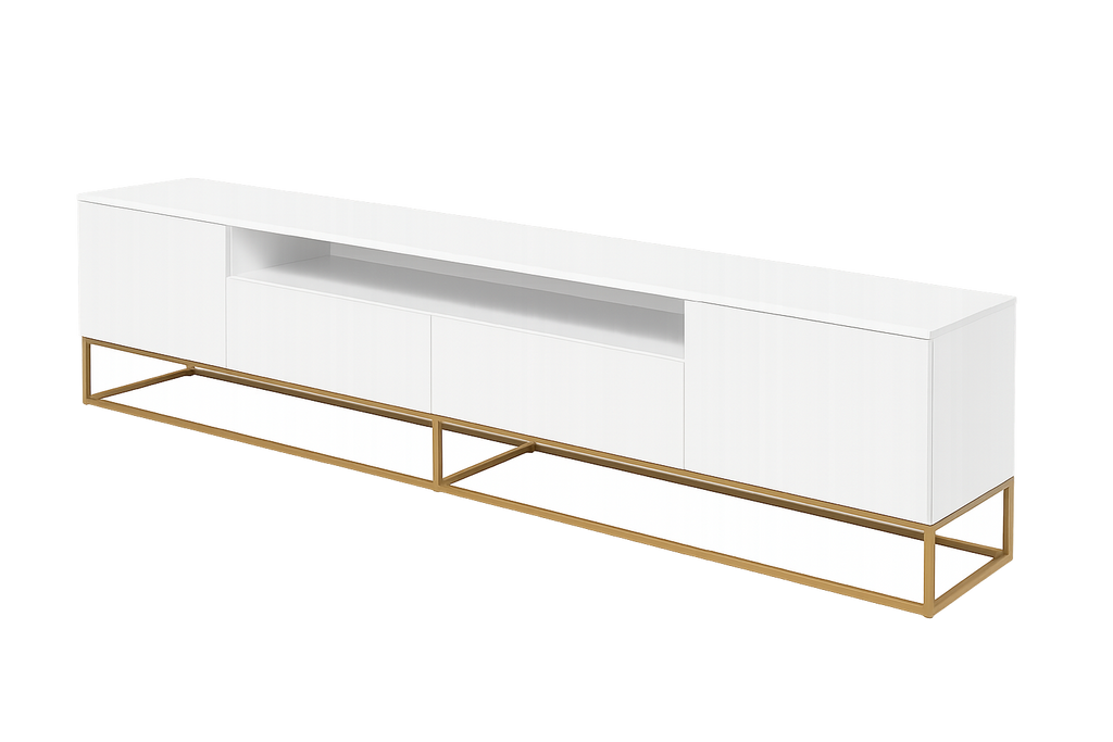 White TV console with gold frame, background removed