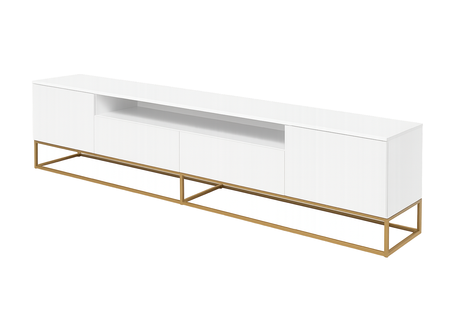 White TV console with gold frame, background removed