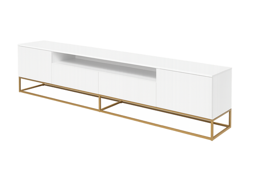 White TV console with gold frame, background removed